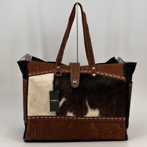 Myra Bag Handbags - Myra Asher Weekender Bag Women's Brown Cowhide Leather Denim S-6780 Boho New